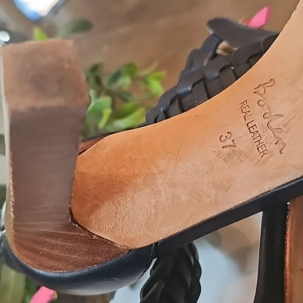 Navy T Strap Leather Woven Heel Boden Size 37
